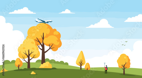 A majestic airplane soars gracefully above a picturesque autumn landscape with vibrant yellow trees and a solitary person admiring the view