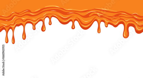 Viscous liquid flowing downwards in a vibrant orange hue creating a dripping effect on a white background for creative design