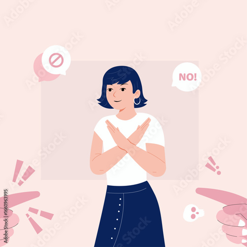 A confident woman with crossed arms says NO while surrounded by people trying to influence her. This image represents the importance of setting boundaries and asserting oneself.