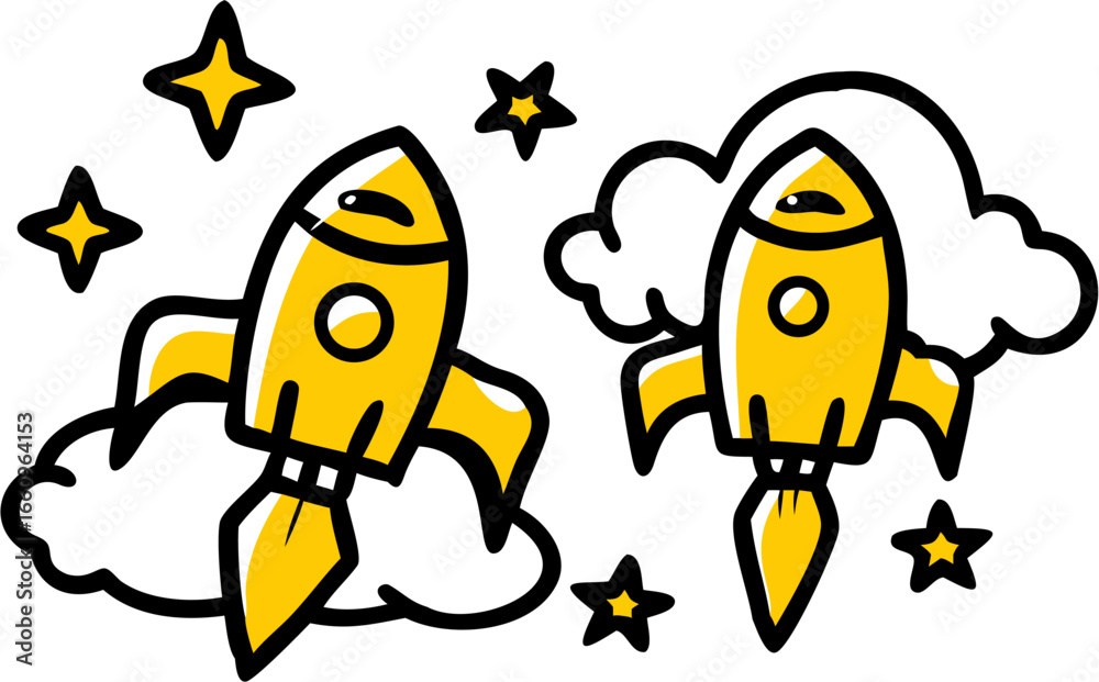Obraz premium Two cartoon rockets taking off surrounded by stars and clouds in a simple line drawing style design