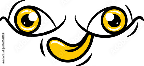 Cartoonish face with yellow eyes and tongue sticking out on a white background illustration style