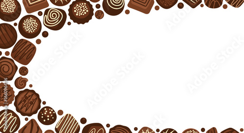 A delicious assortment of various chocolate candies and confections forms a decorative border on a white background