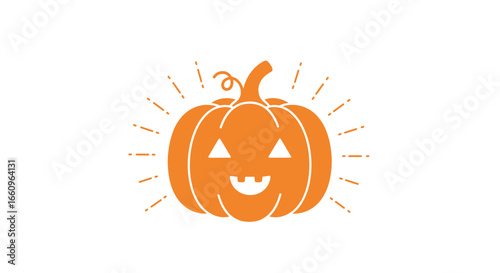 A happy orange pumpkin with a spooky smiling face surrounded by rays of light perfect for halloween decorations and celebrations