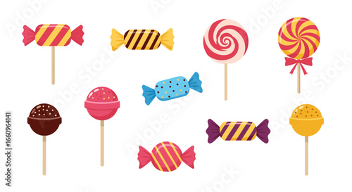 A whimsical collection of colorful candies and sweet lollipops arranged on a white background