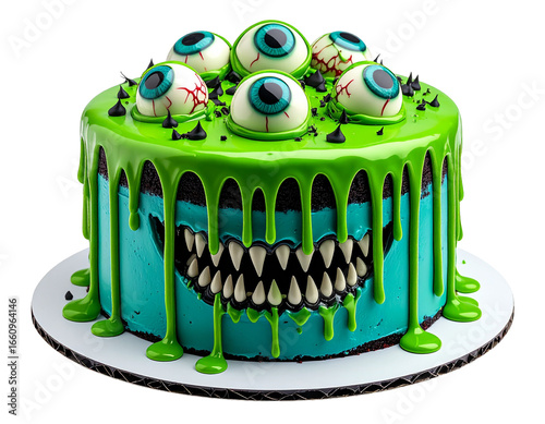 A grotesque zombie face cake with eyeballs and green frosting, perfect for a horror theme.