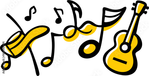 Illustration of a guitar and musical notes in black outline with yellow fill on a white background