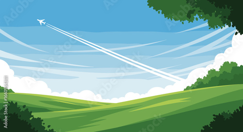 A vast green landscape under a bright blue sky with fluffy white clouds and an airplane leaving a contrail high above