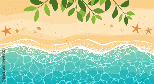 A beautiful aerial view of a sandy beach with clear blue ocean waves and green leaves overhead creating a serene summer paradise scene
