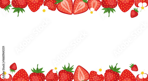 Fresh ripe red strawberries border design with green leaves and white flowers on white background