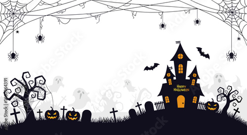 Spooky haunted mansion and graveyard scene with bats and spiders for halloween celebrations