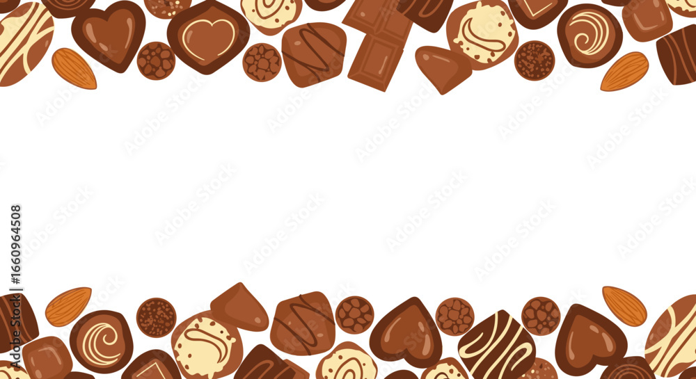 Fototapeta premium A festive collection of assorted chocolate sweets and almonds creating an appetizing border design
