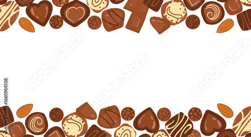 A festive collection of assorted chocolate sweets and almonds creating an appetizing border design