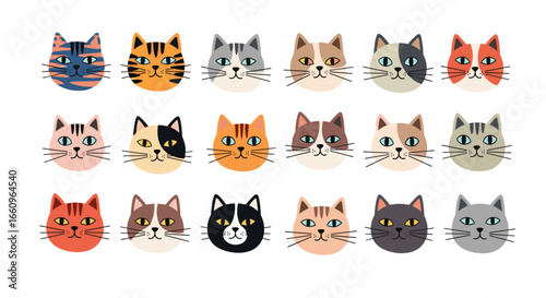 A whimsical collection of adorable cartoon cat faces featuring diverse breeds and expressive eyes for a playful aesthetic