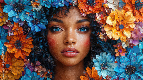 A vibrant portrait of a woman with a cascade of flowers blooming around her face, rendered in an abstract trendy art paper collage, created by the generative power of AI, evoking a sense of 