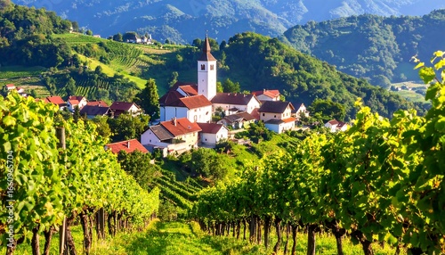 Heart of Slovenia: Picturesque vineyard view with church in Jeruzalem hills