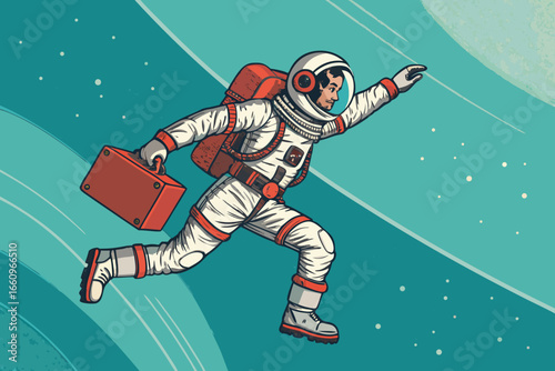 Astronaut floating with toolbox in zero gravity.