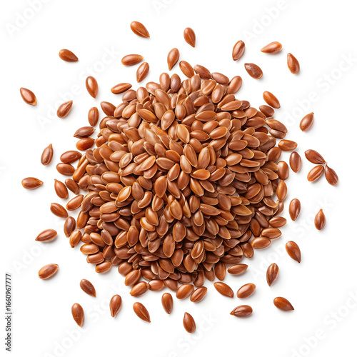 A single flax seed isolated on a white background, highlighting its glossy texture, oval shape,