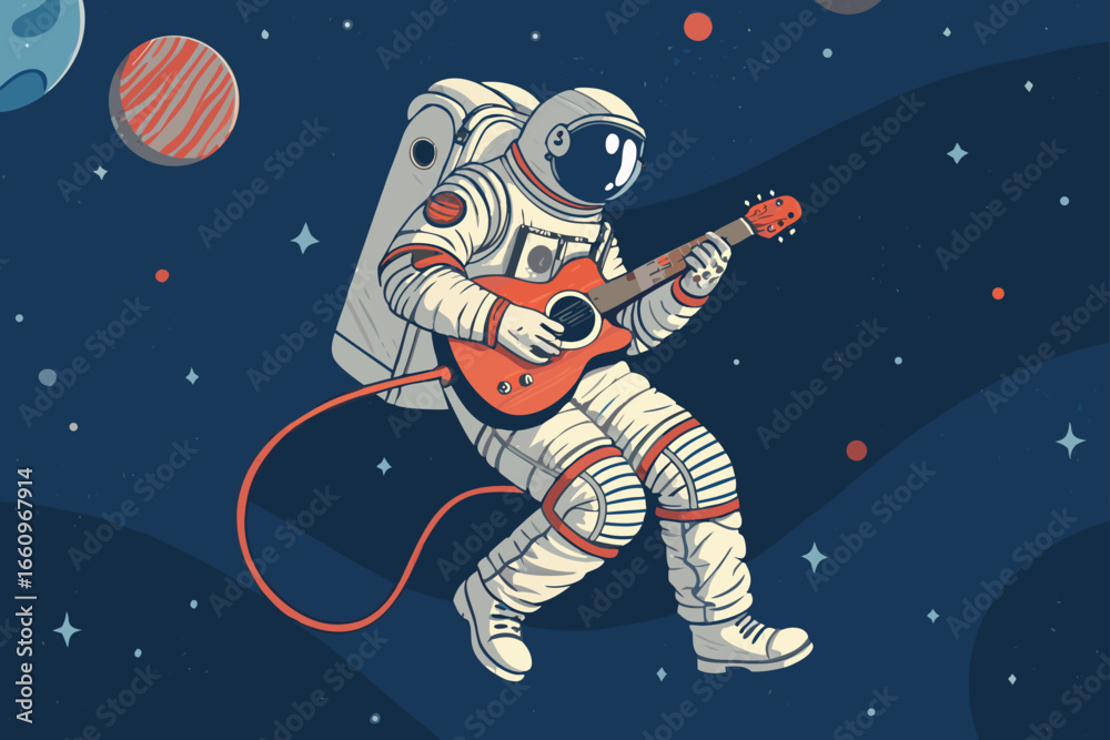 Fototapeta premium Astronaut jamming on a guitar, weightless in the cosmos.