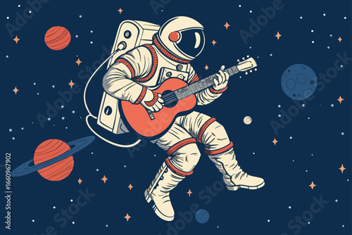 Astronaut strumming a guitar while gracefully floating in the vacuum of space.