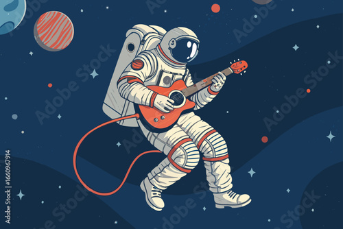 Astronaut jamming on a guitar, weightless in the cosmos.