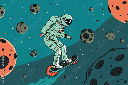 Astronaut rides a futuristic hoverboard over an asteroid.