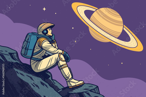 Astronaut on rock gazing at Saturn's rings.