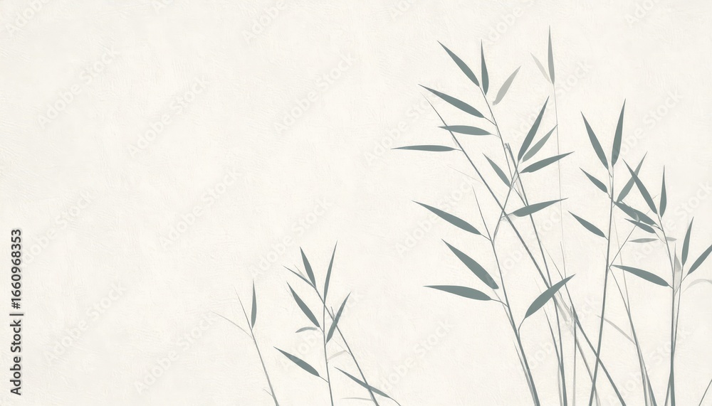 Fototapeta premium Minimalist illustration of delicate bamboo stalks with slender leaves on a plain light background, serene and nature-inspired design for art or decor use