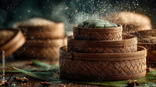 Authentic kue koci presentation in stacked bamboo steamers, a culinary still life