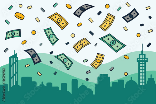 Banknotes flying in the air like confetti above a festive scene.