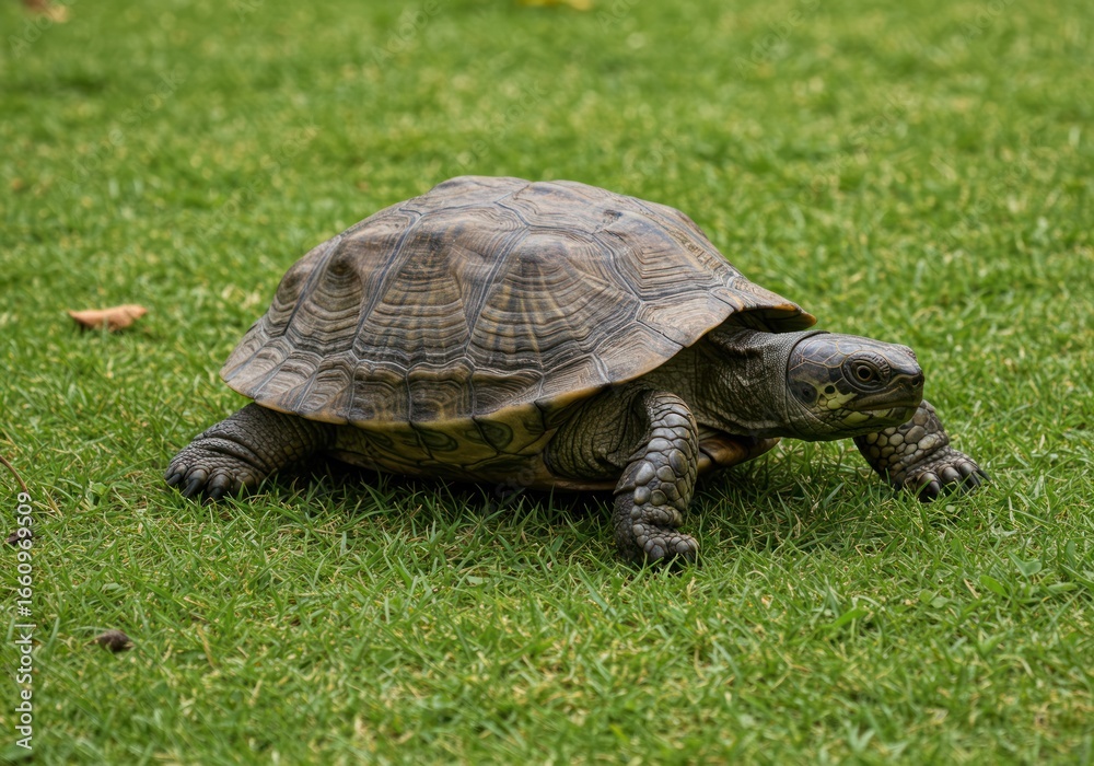A Majestic Terrapin Turtle Slowly Strides Across a Lush Green Grassy Lawn in this Beautiful Nature Scene A Majestic Terrapin Turtle Slowly Strides Across a Lush Green Grassy Lawn in this Beautiful Nature Scene