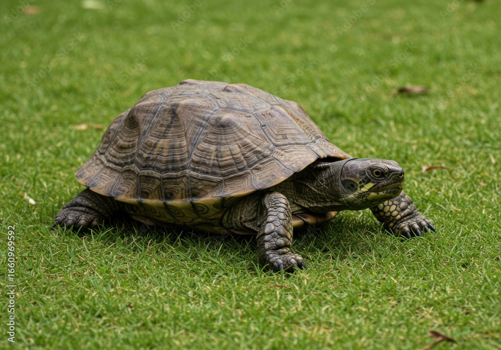 A charming pond turtle with a patterned shell makes its way across a lush, bright green grassy field during the day. A charming pond turtle with a patterned shell makes its way across a lush, bright green grassy field during the day.
