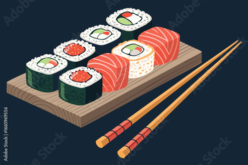 Vibrant sushi banner with chopsticks, food photography.