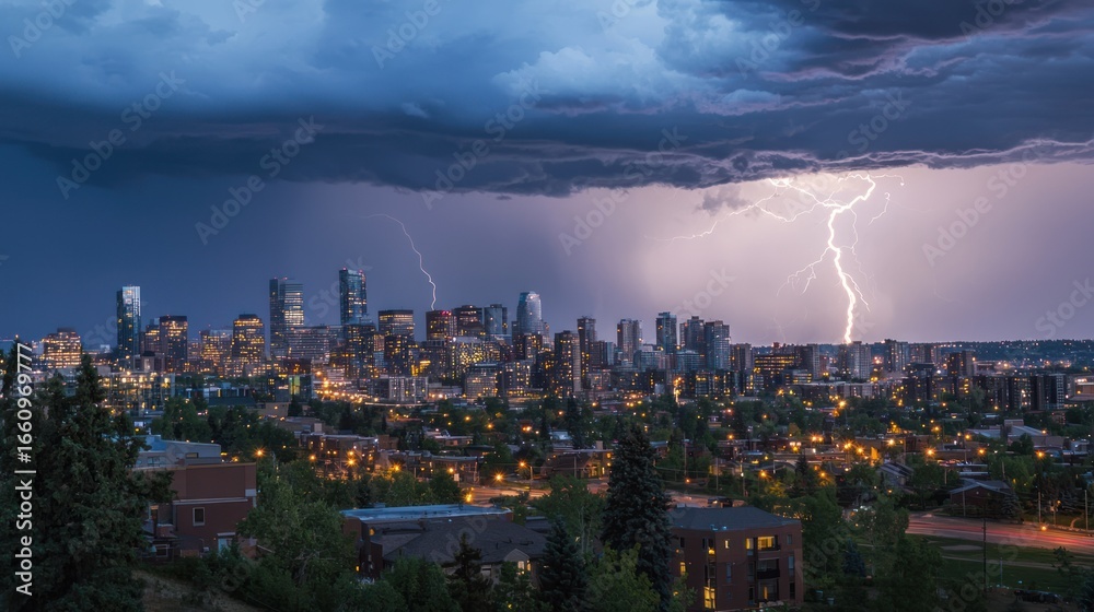 Obraz premium A dramatic nighttime cityscape is illuminated by a powerful thunderstorm. Dark, ominous clouds dominate the sky, with a prominent bolt of lightning striking near the center of the frame