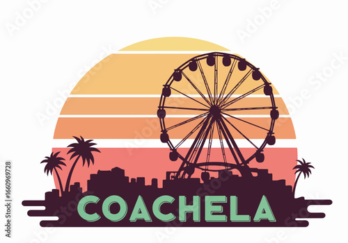 Coachella festival scene with Ferris wheel and palm trees