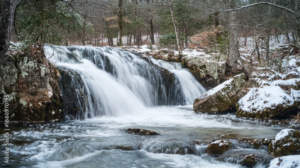 Fototapeta premium A cascading waterfall flows over moss-covered rocks in a snowy forest setting. The water is clear and white, creating a dynamic and visually appealing scene. 