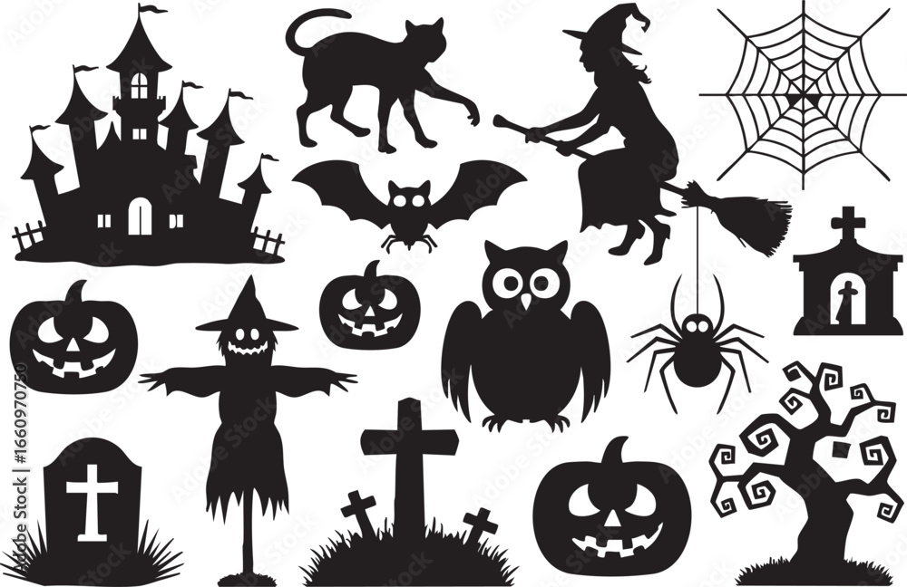 Fototapeta premium set of black silhouettes of halloween clip art background vector