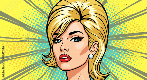A captivating and glamorous blonde woman exudes confidence in a vibrant pop art style, perfectly capturing a retro aesthetic with her stylish gaze.