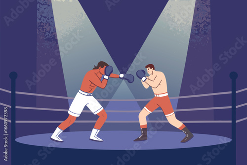 Two boxers battle under dramatic spotlights in a ring.