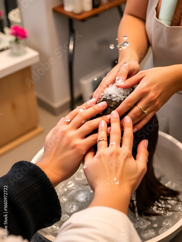 woman or hands of hairdresser with customer in salon or basin for washing treatment. Rinse, scalp and grooming service for client, person or shampoo cosmetics for beauty, wellness or spa, cleaning