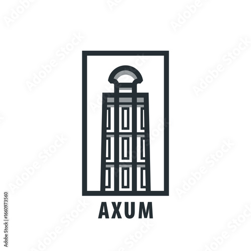  Axum, Ethiopia obelisk, tower, city landmark clip art. Thin line vector pictogram, emblem, logo, icon, badge graphic. Flat, black monument image