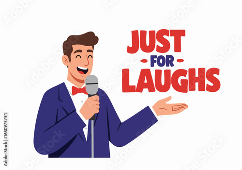 Comedian with microphone and text Just for Laughs