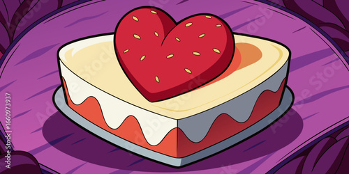 Vector illustration of top view of a freshly baked strawberry cheesecake in a heart shape purple foliage.