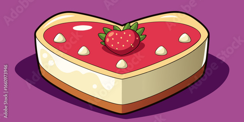 Vector illustration of top view of a freshly baked strawberry cheesecake in a heart shape purple foliage.