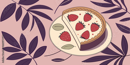 Vector illustration of top view of a freshly baked strawberry cheesecake in a heart shape purple foliage.