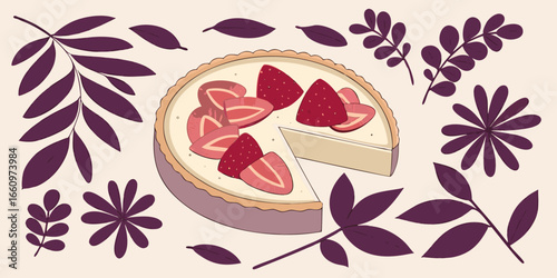 Vector illustration of top view of a freshly baked strawberry cheesecake in a heart shape purple foliage.