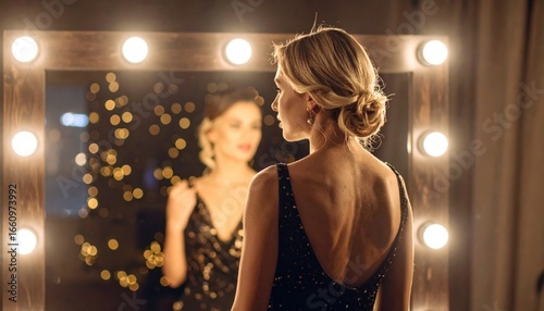 Elegant woman admiring herself in mirror with glowing lights.