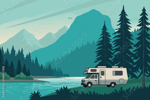 RV campsite by forest lake, Florida.