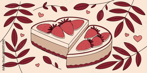 Vector illustration of top view of a freshly baked strawberry cheesecake in a heart shape pink foliage.
