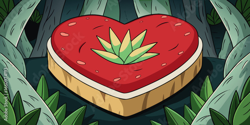Vector illustration of top view of a freshly baked strawberry cheesecake in a heart shape dark foliage.