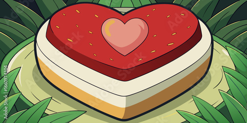 Vector illustration of top view of a freshly baked strawberry cheesecake in a heart shape dark foliage.
